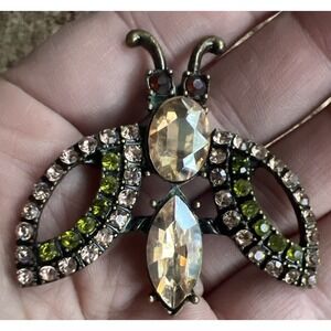 Vintage Beetle Brooch Pin Pendant Green Peach Rhinestone Insect Bug Bronze Tone